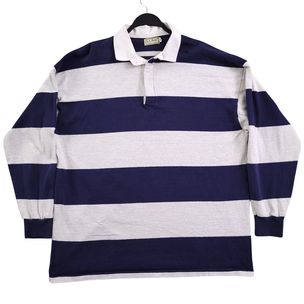 Vintage LL Bean Rugby Shirt Men XL Blue Gray Stripe Made in USA 90s